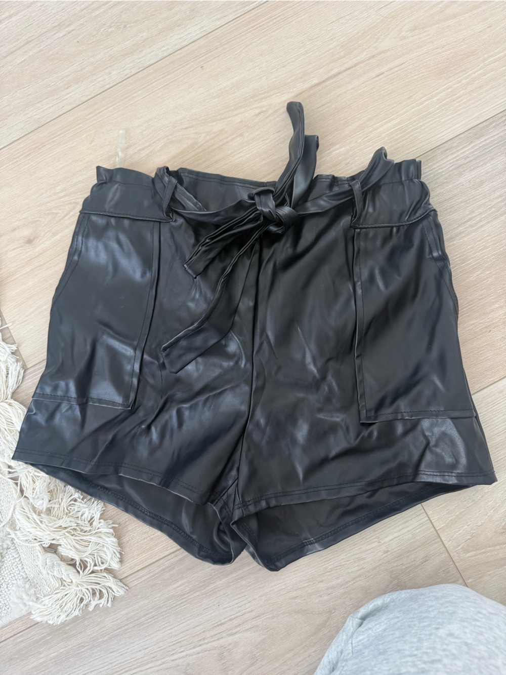 High-Waist Black Faux Leather Tie Front Women's Shorts